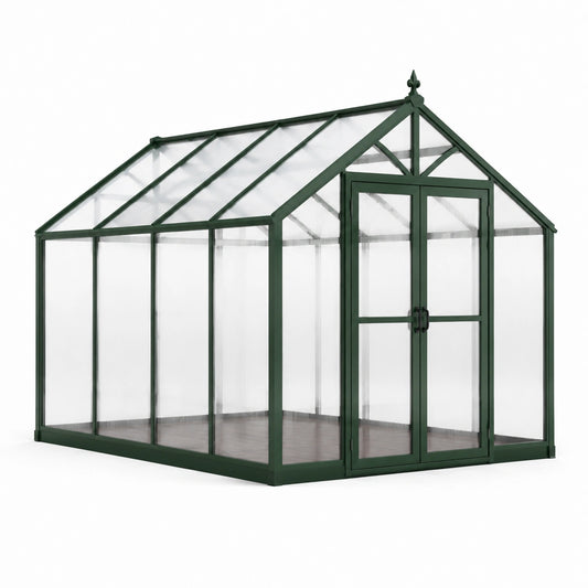 Gartengewächshaus aus Aluminium und Polycarbonat mit Doppeltür, 310 × 250 × 235 cm, Dunkelgrün/Transparent