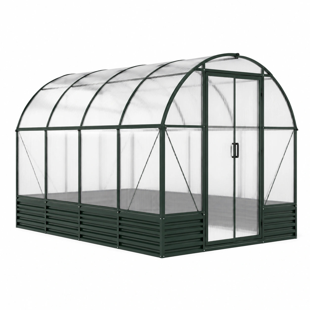 Gewächshaus mit Bogendach und Doppeltür, 365 × 244 × 215 cm, Aluminium und Polycarbonat, Dunkelgrün/Transparent