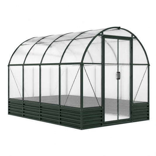 Gewächshaus mit Bogendach und Doppeltür, 365 × 244 × 215 cm, Aluminium und Polycarbonat, Dunkelgrün/Transparent