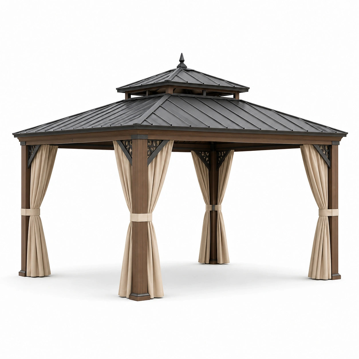 Gartenpavillon 366 × 366 × 310 cm in Braun, Anthrazit und Beige mit festem Doppeldach und Seitenvorhängen