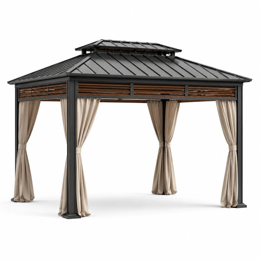 Gartenpavillon mit festem Metalldach und Vorhängen, 400 × 300 × 280 cm, Anthrazit/Braun/Beige