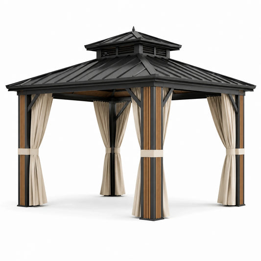 Metall-Gartenpavillon mit Doppeldach und Vorhängen, 360 × 360 × 300 cm, Anthrazit/Braun/Beige