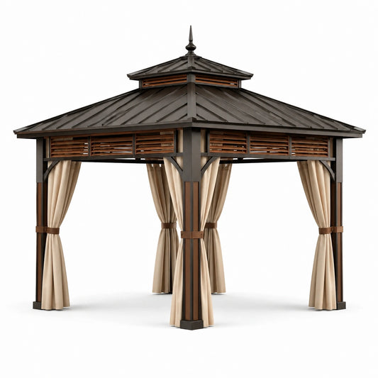 Gartenpavillon 300 × 300 × 300 cm aus Metall und Holz, Dunkelbraun, Braun und Beige, mit Vorhängen und Doppeldach