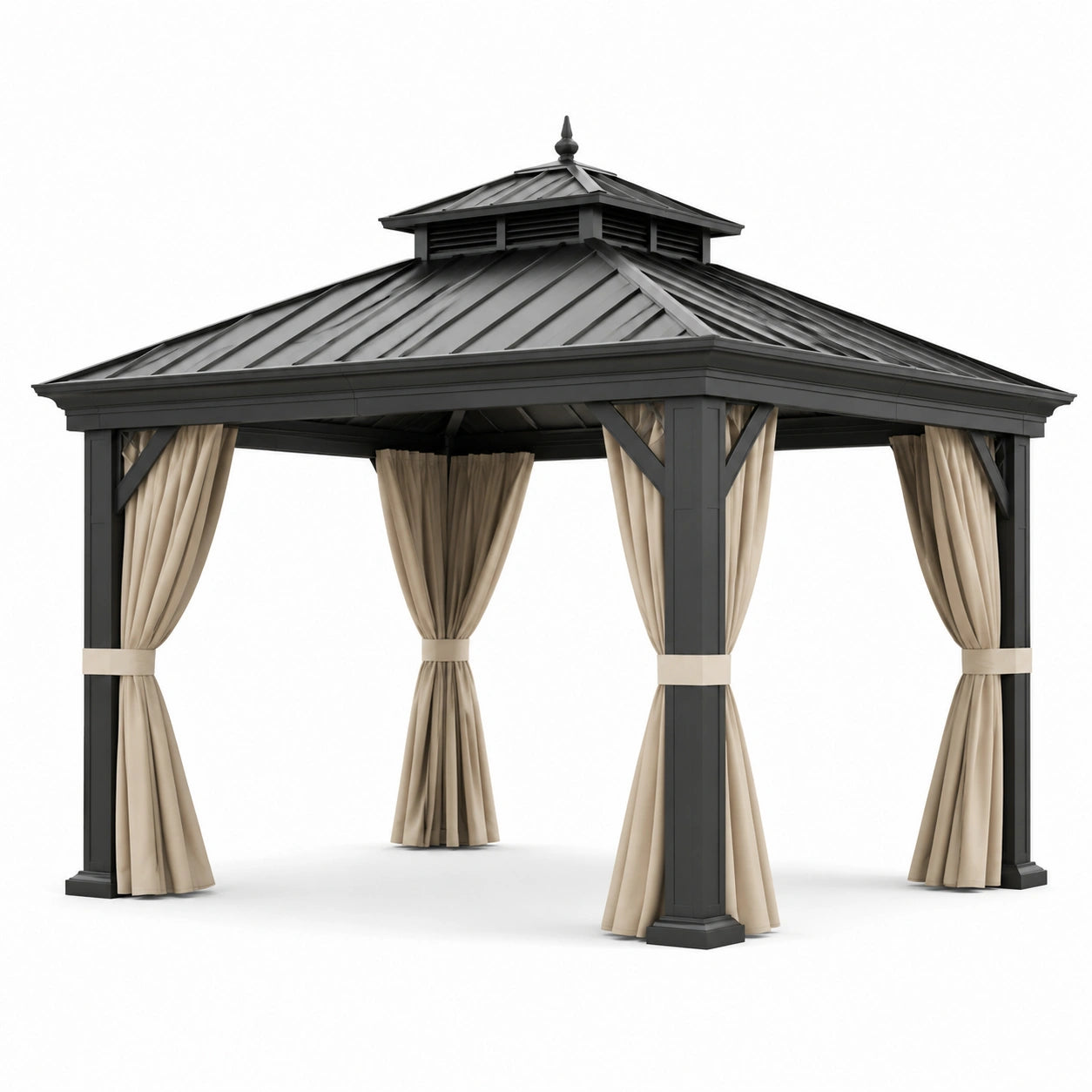 Gartenpavillon 300 × 300 × 290 cm, Anthrazit und Beige, mit festem Metalldach und Seitengardinen