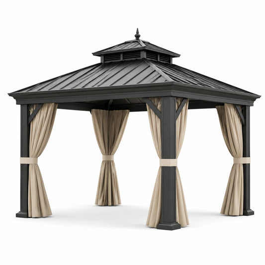 Gartenpavillon 300 × 300 × 290 cm, Anthrazit und Beige, mit festem Metalldach und Seitengardinen