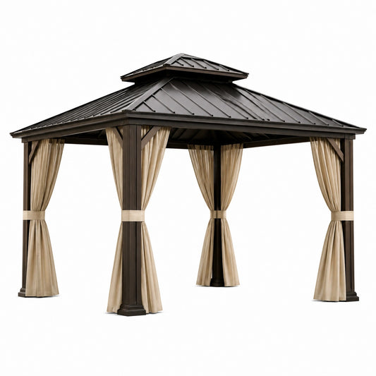 Gartenpavillon mit Festdach und Vorhängen, 300 × 300 × 280 cm, Anthrazit/Beige