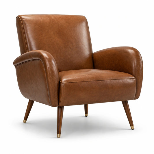 Retro-Sessel aus braunem Kunstleder mit Holzbeinen, 78 × 80 × 82 cm
