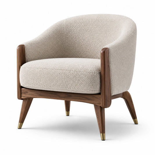 Sessel 78 × 80 × 82 cm mit Bouclé-Bezug in Creme, braunem Holzgestell und goldfarbenen Details