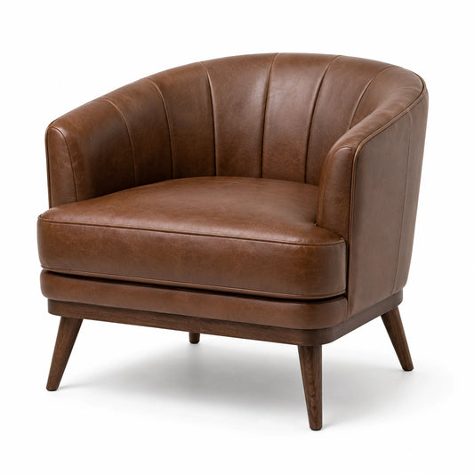 Brauner Loungesessel in Lederoptik mit dunkelbraunen Holzbeinen, 92 × 82 × 78 cm, Retro-Stil