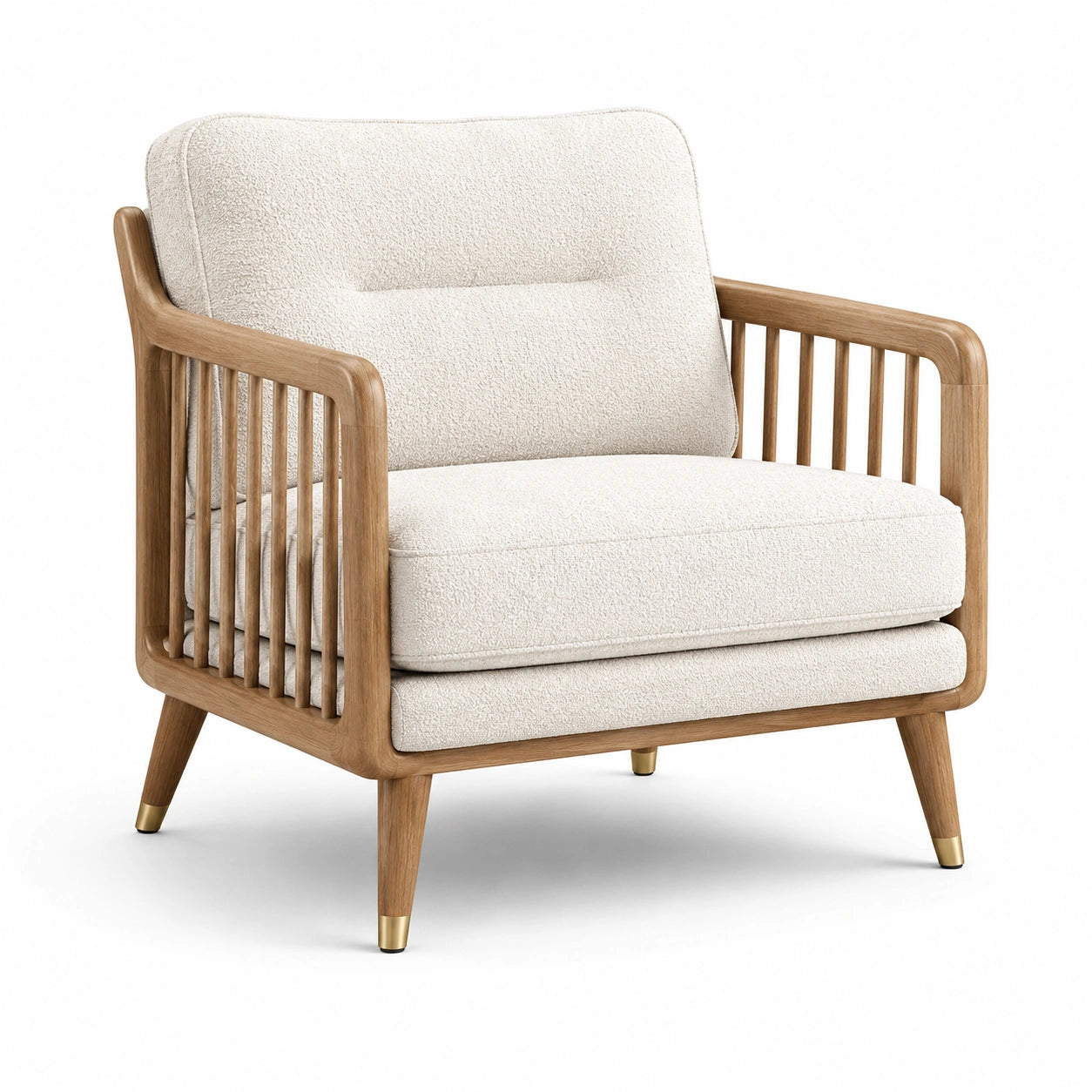 Gepolsterter Loungesessel aus Holz mit Bouclé-Bezug und Armlehnen, Creme/Braun/Goldfarben, 80 × 82 × 85 cm