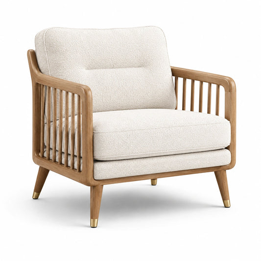 Gepolsterter Loungesessel aus Holz mit Bouclé-Bezug und Armlehnen, Creme/Braun/Goldfarben, 80 × 82 × 85 cm