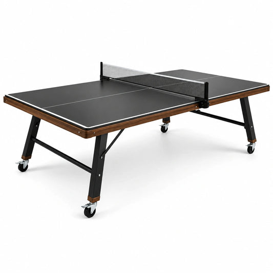 Klappbarer Tischtennistisch 274 × 152,5 × 76 cm aus Holzwerkstoff und Stahl, Schwarz, Braun und Silber, mit Netz und Rollen